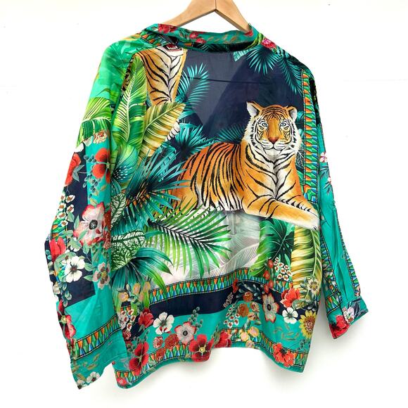 Johnny Was Tigres Et Fleurs Silk Button Down Shirt Tropical Tiger XS Blouse - Picture 6 of 11